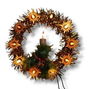 Vintage Gold Tinsel Lighted Wreath Tree Topper 11in Candle Holly Blinking